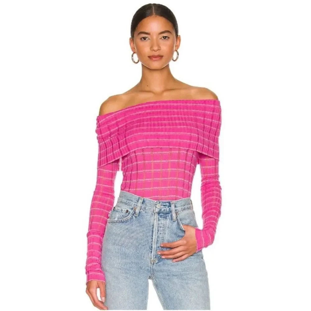 Free People Snowbunny Off the Shoulder Long Sleeve Top in Fuschia Fizz Combo XS